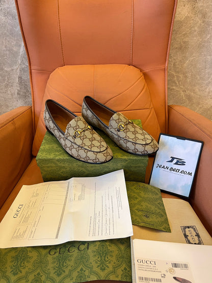 Mocassins de lona GG originais da Gucci em bege e ébano para mulheres