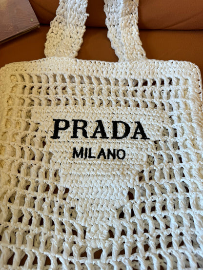 Sac fourre-tout en paille Prada Blanc