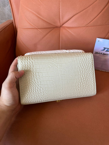 Sac bandoulière moyen à franges YSL Saint Laurent kate en cuir croco blanc