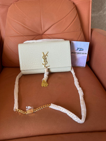 Sac bandoulière moyen à franges YSL Saint Laurent kate en cuir croco blanc