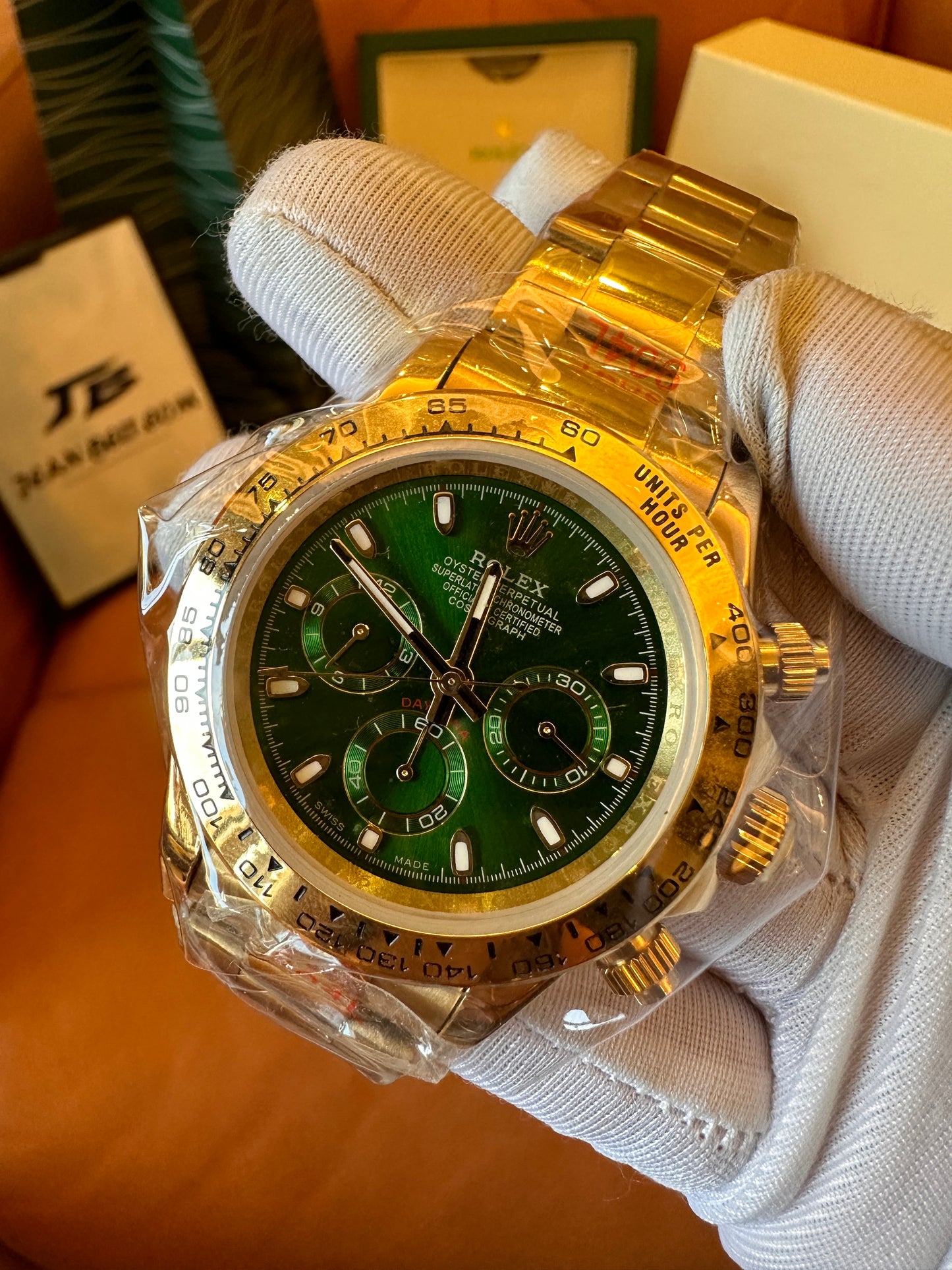 [Qualidade 3A] Rolex Cosmograph Daytona 116500ln mostrador verde pulseira dourada