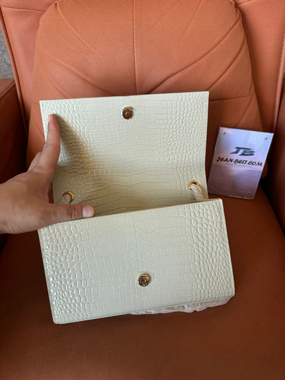 Sac bandoulière moyen à franges YSL Saint Laurent kate en cuir croco blanc
