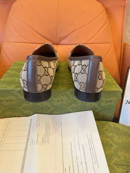 Mocassins de lona GG originais da Gucci em bege e ébano para mulheres