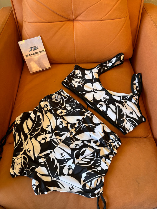 Chanel Bikini White Black Flower 2 Piece Swimsuit