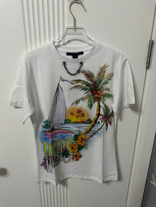 Camiseta Louis Vuitton estilo veleiro com estampa de pôr do sol, branca leitosa, para mulheres