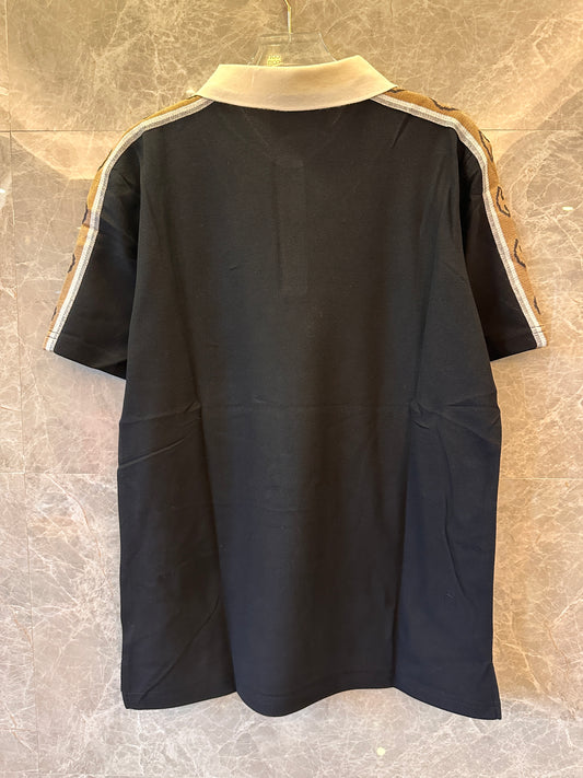Polo negro de piqué de algodón elástico con ribete de cinta jacquard y logotipo de Gucci
