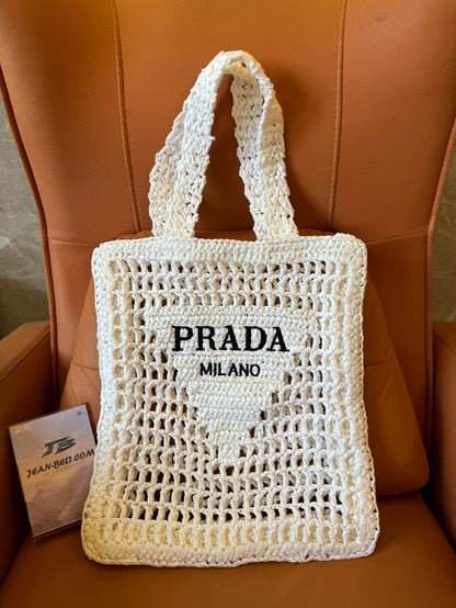 Sac fourre-tout en paille Prada Blanc