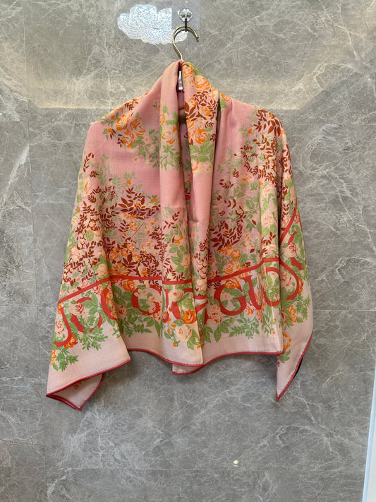 Gucci Floral Logo Wool-Silk Scarf – Pink with Multicolor Botanical Print