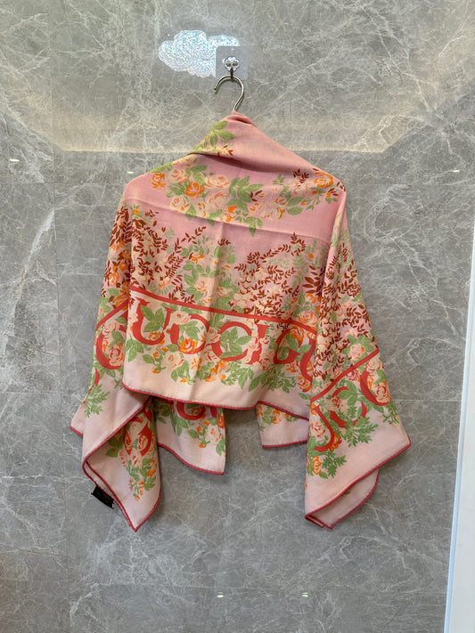 Gucci Floral Logo Wool-Silk Scarf – Pink with Multicolor Botanical Print