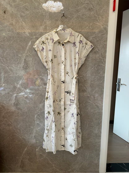 Floral Print Short Sleeve Shirt Dress with Waist Belt
