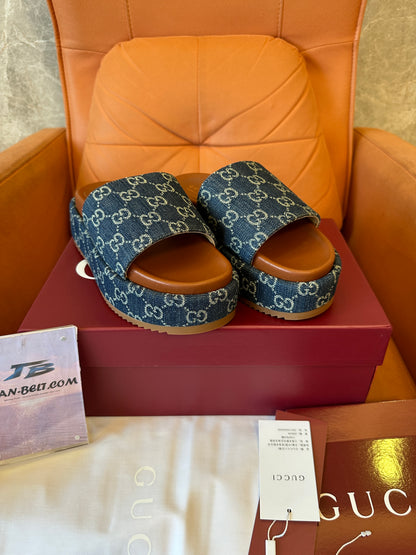 Gucci Denim Platform Slide Sandals – Blue Monogram