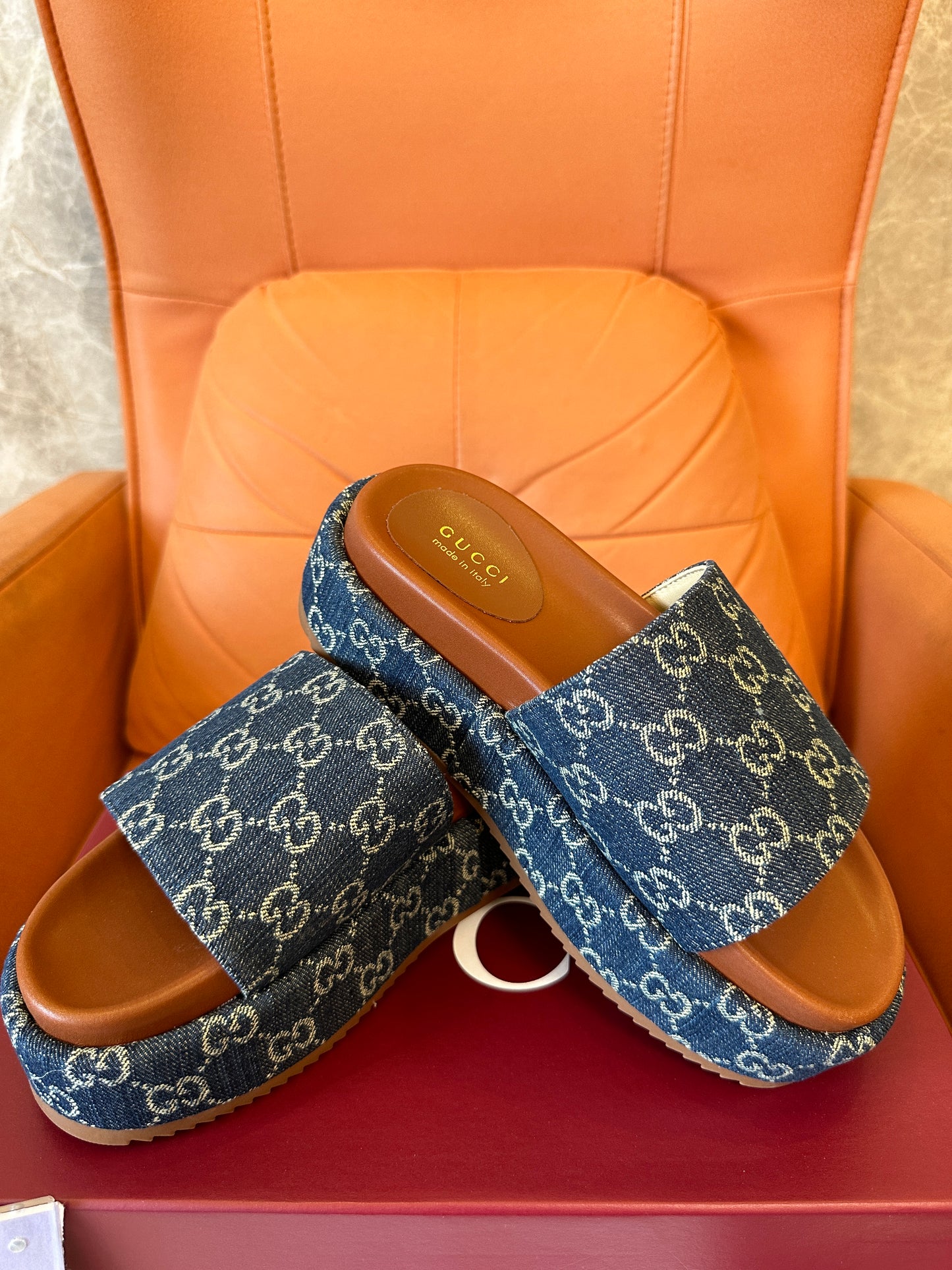 Gucci Denim Platform Slide Sandals – Blue Monogram