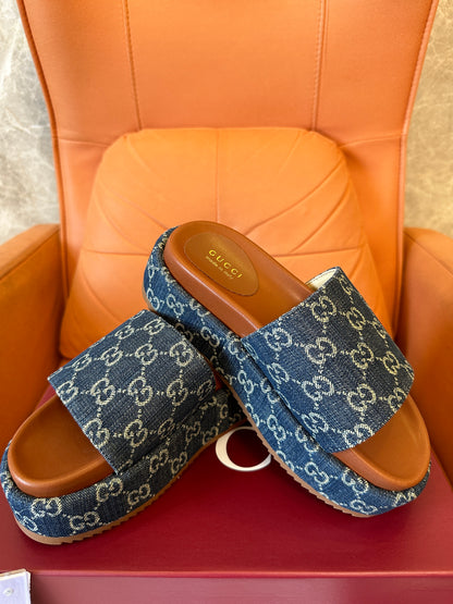 Gucci Denim Platform Slide Sandals – Blue Monogram