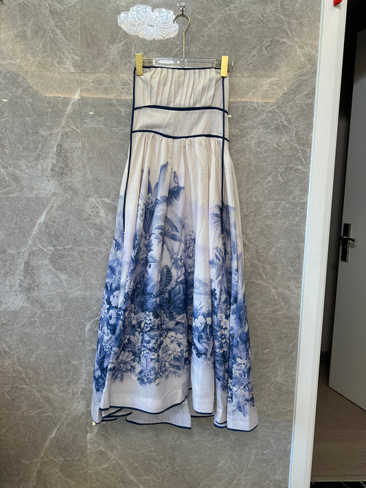 Zimmermann Strapless Blue Floral Print Linen Maxi Dress