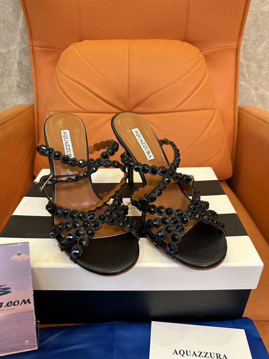 Aquazzura Black Embellished Sandals – Crystal Studded Ankle Strap Heels