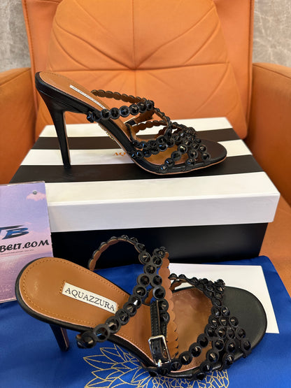 Aquazzura Black Embellished Sandals – Crystal Studded Ankle Strap Heels
