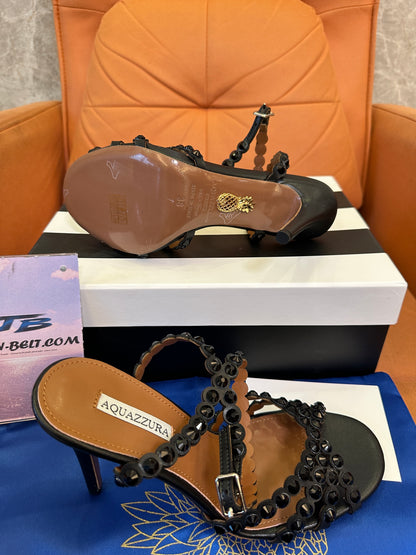 Aquazzura Black Embellished Sandals – Crystal Studded Ankle Strap Heels