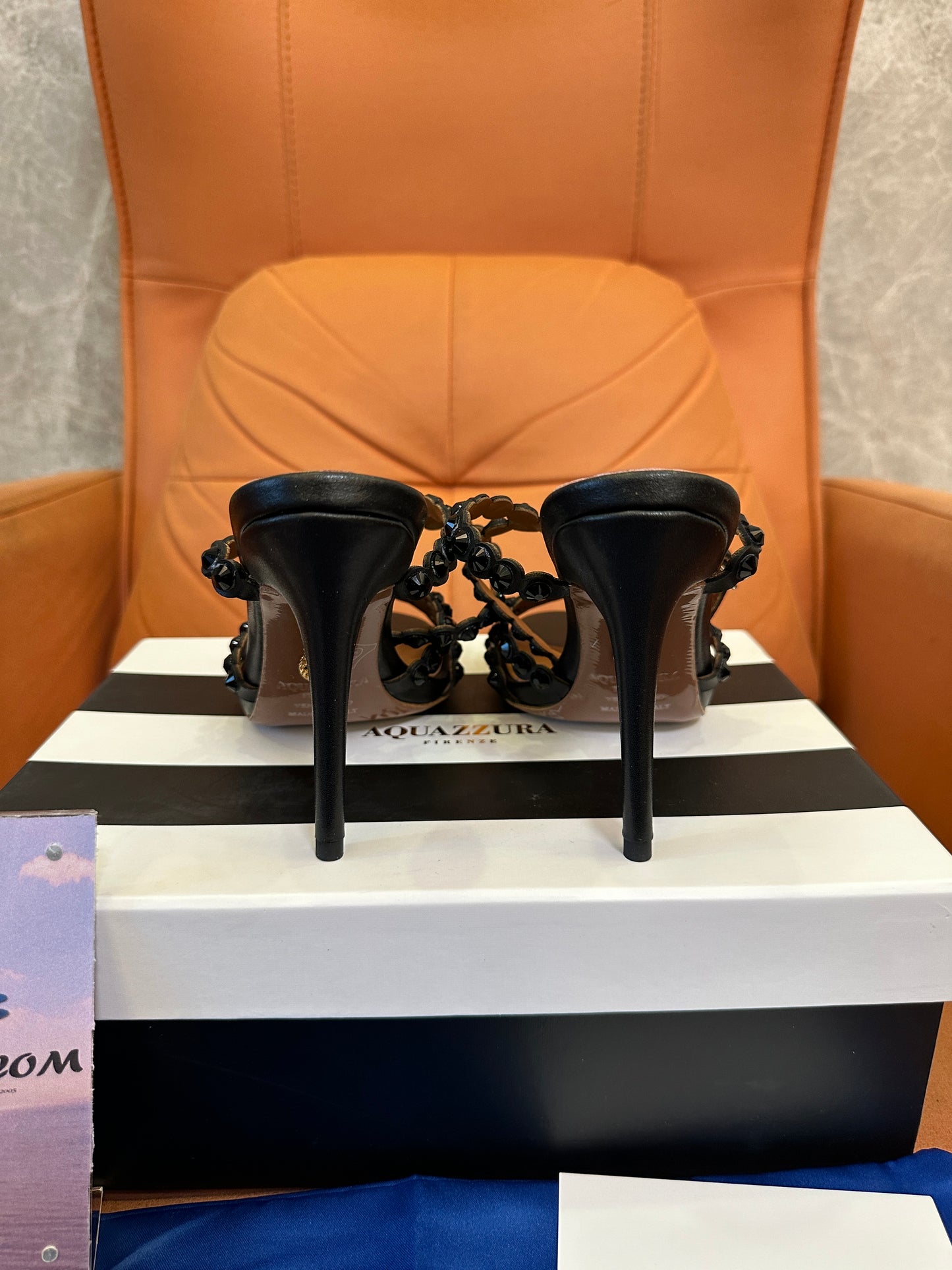 Aquazzura Black Embellished Sandals – Crystal Studded Ankle Strap Heels