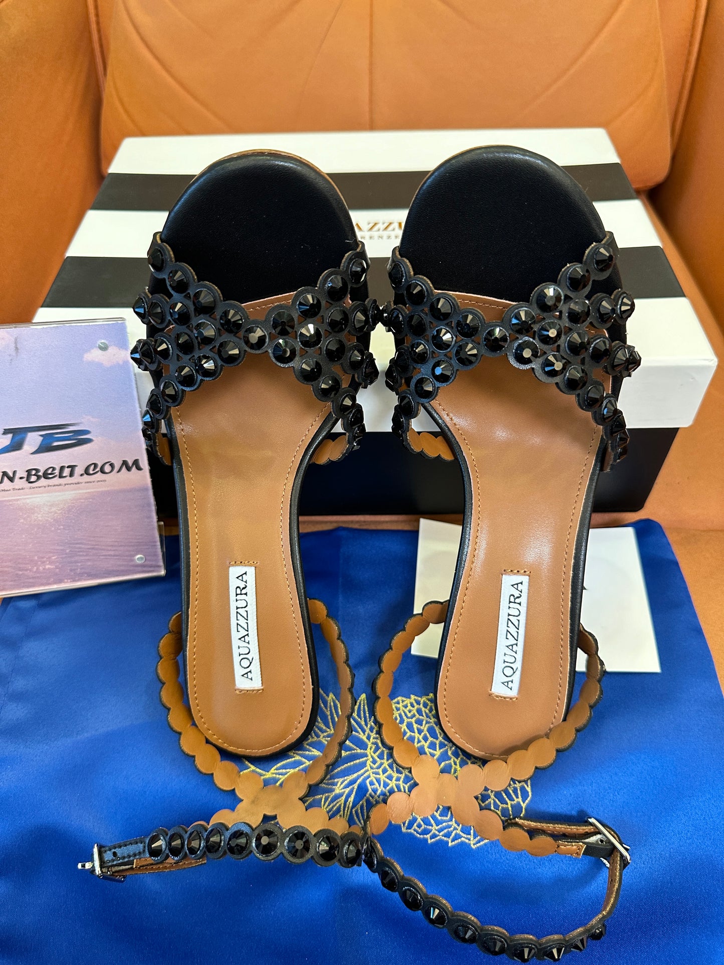 Aquazzura Black Embellished Sandals – Crystal Studded Ankle Strap Heels