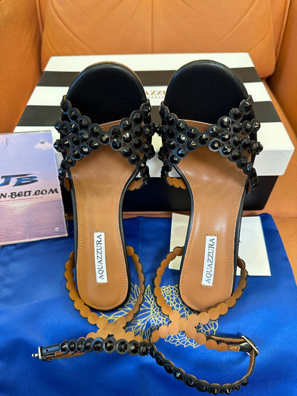 Aquazzura Black Embellished Sandals – Crystal Studded Ankle Strap Heels