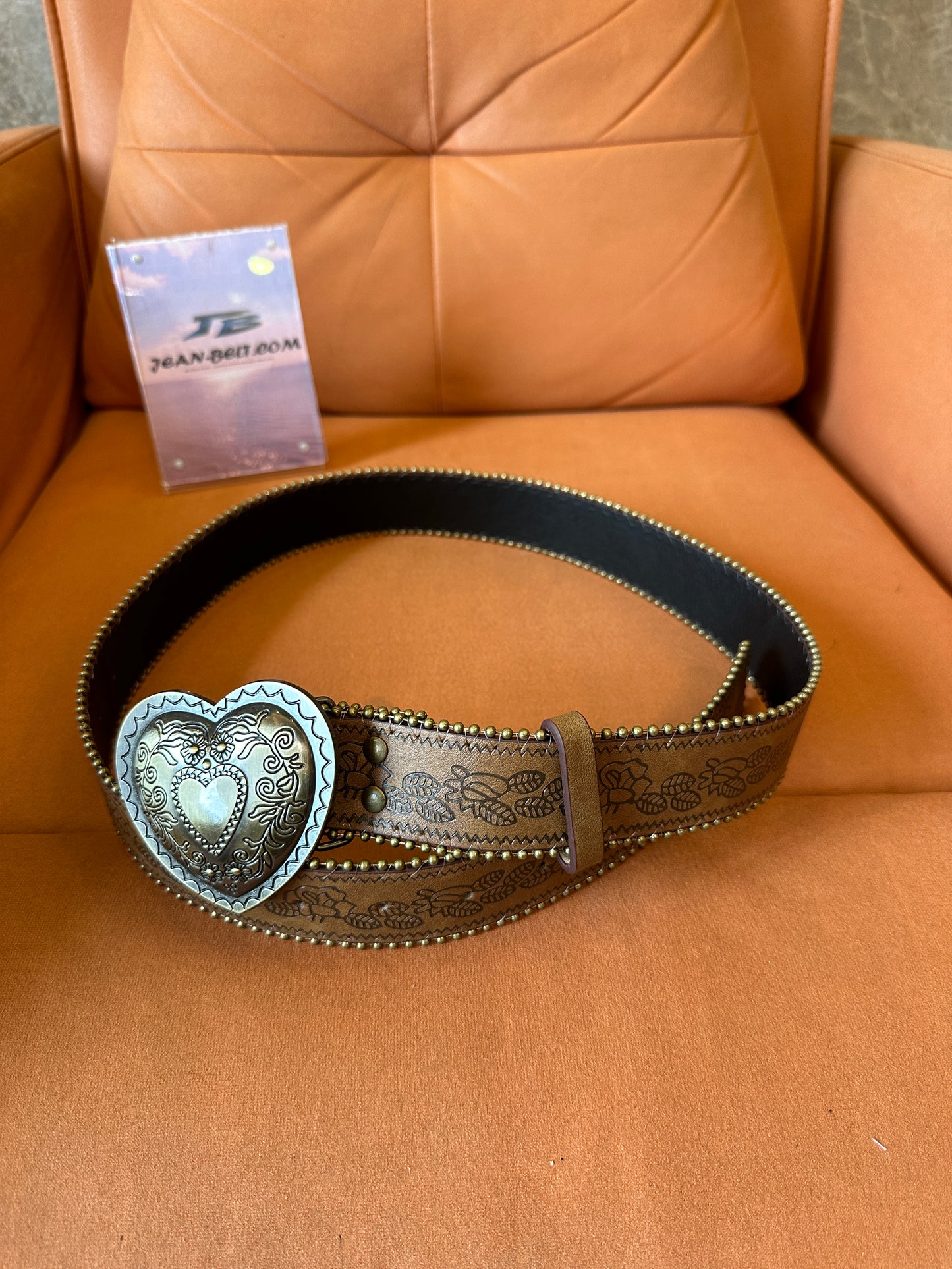 Brown Leather Belt with Heart Buckle and Engraved Design