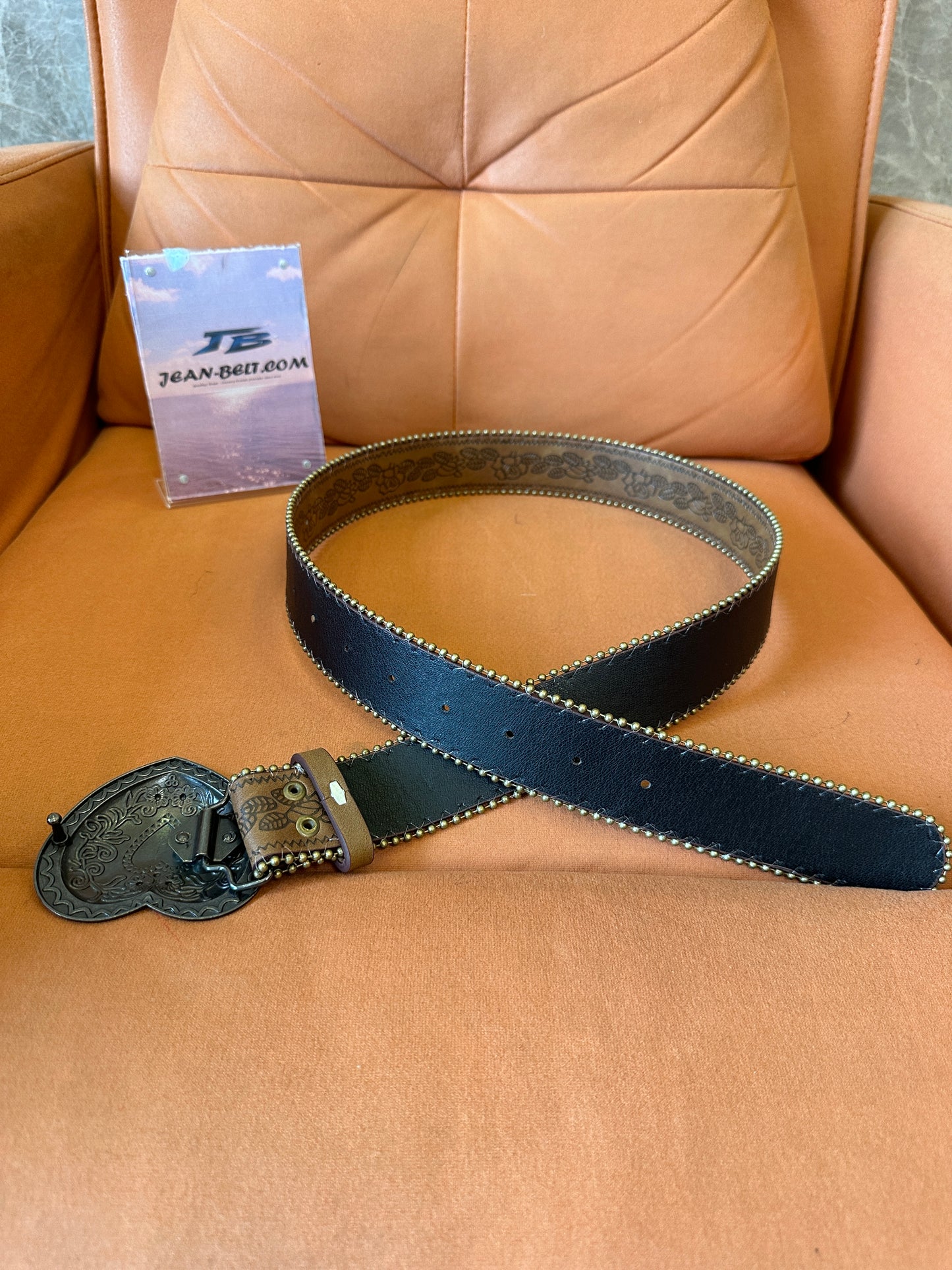 Brown Leather Belt with Heart Buckle and Engraved Design