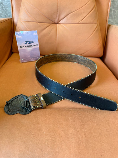 Brown Leather Belt with Heart Buckle and Engraved Design