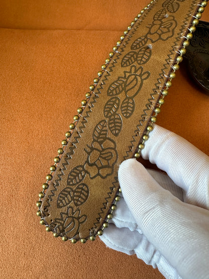 Brown Leather Belt with Heart Buckle and Engraved Design