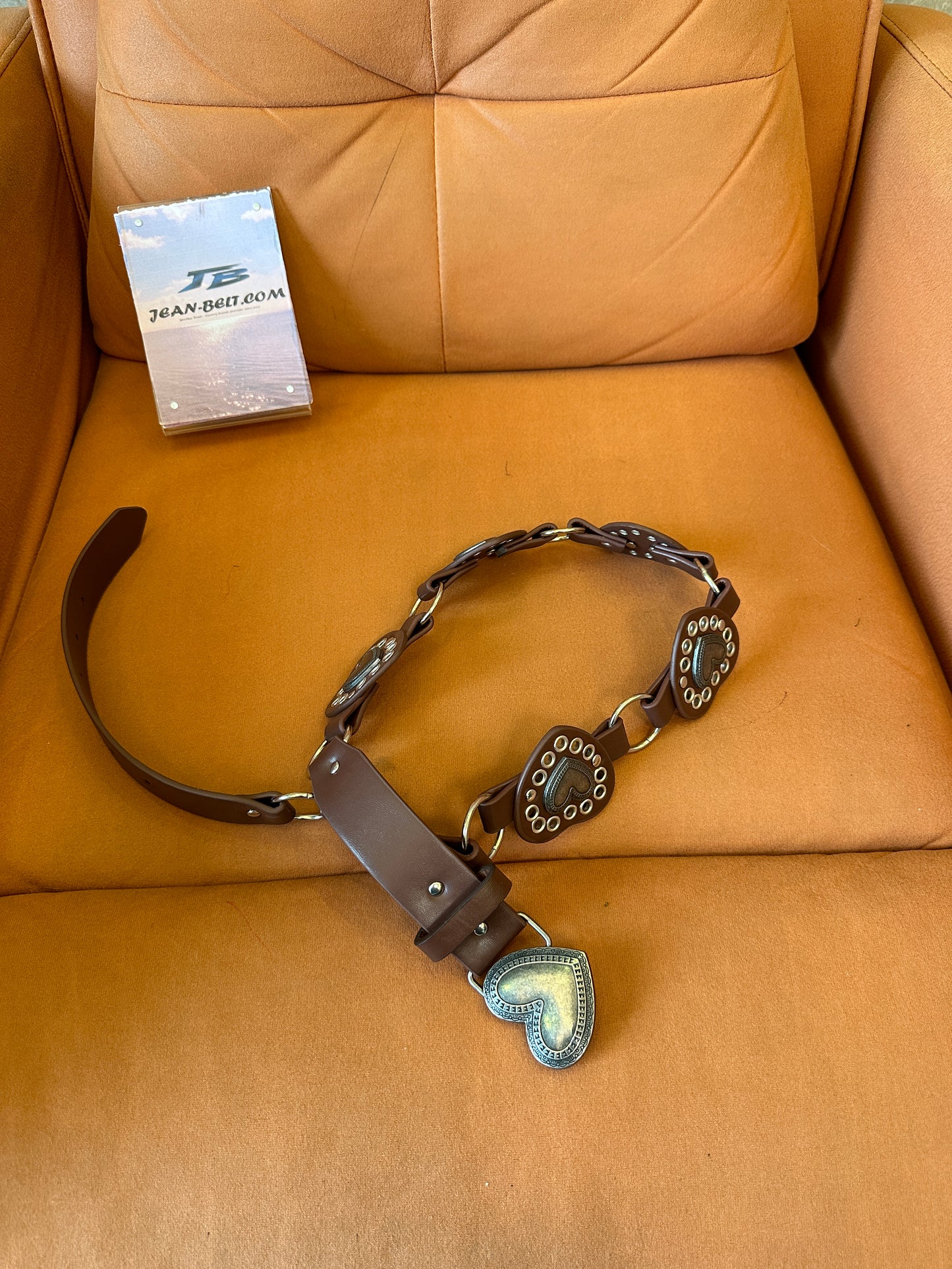 Vintage Heart Shaped Buckle Leather Belt with Metal Rings and Studded Detail