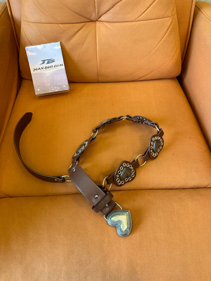 Vintage Heart Shaped Buckle Leather Belt with Metal Rings and Studded Detail