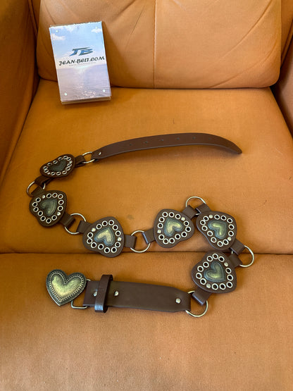 Vintage Heart Shaped Buckle Leather Belt with Metal Rings and Studded Detail