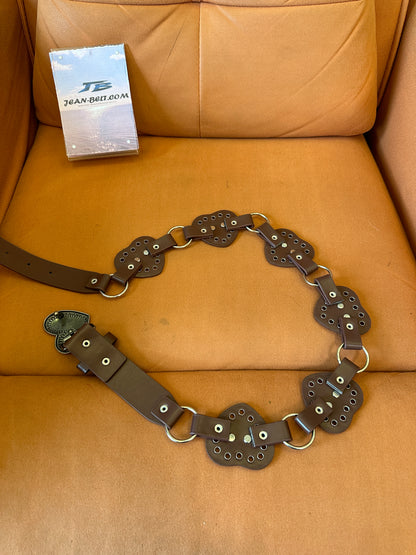 Vintage Heart Shaped Buckle Leather Belt with Metal Rings and Studded Detail