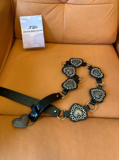 Vintage Black Leather Belt with Heart Shaped Buckles and Metal Rings