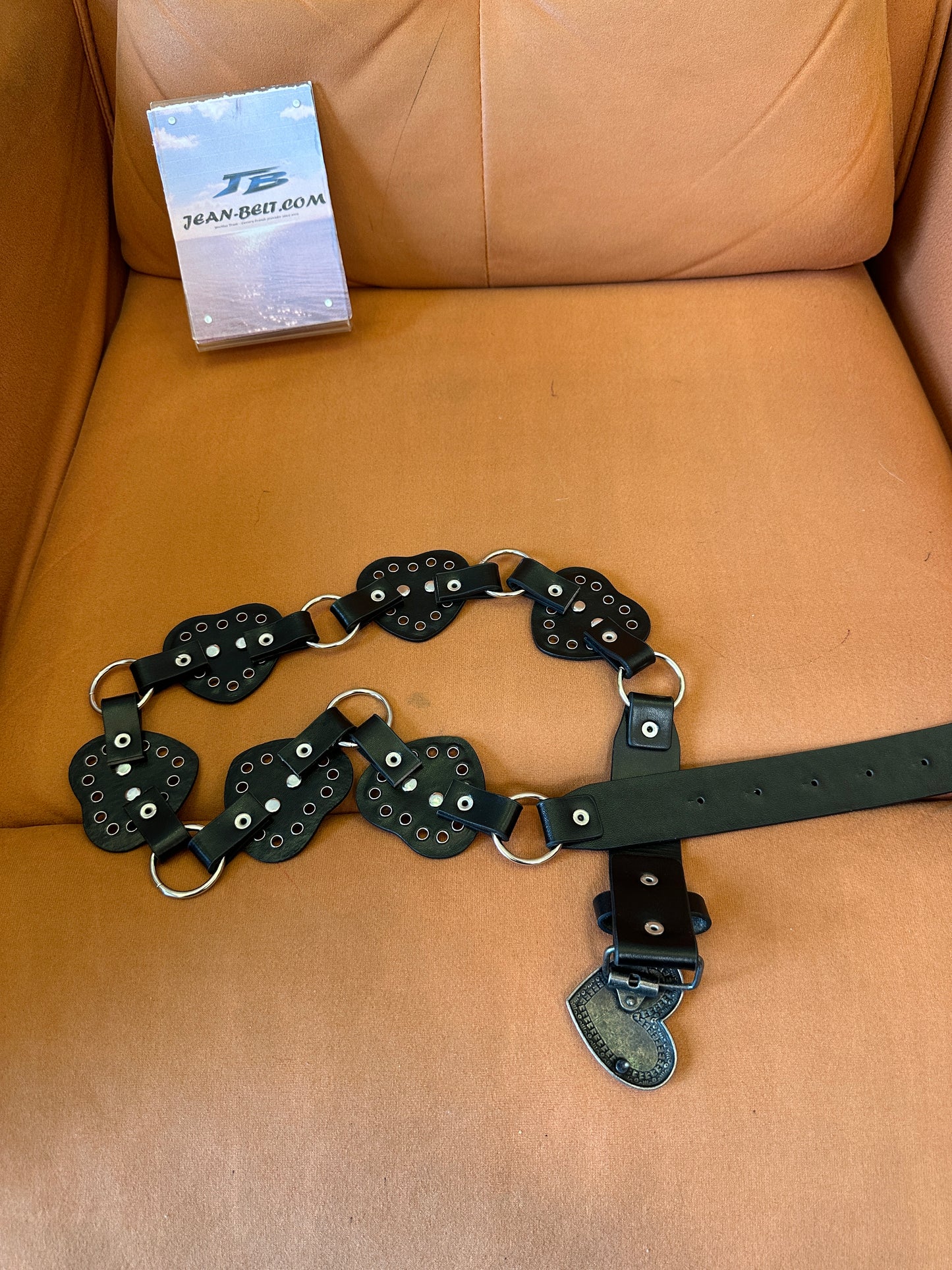 Vintage Black Leather Belt with Heart Shaped Buckles and Metal Rings