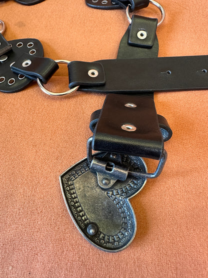 Vintage Black Leather Belt with Heart Shaped Buckles and Metal Rings