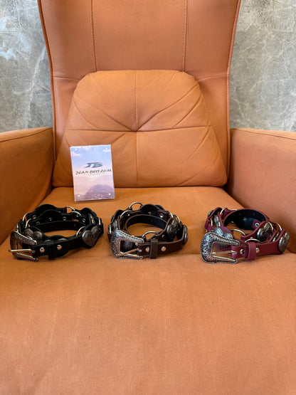 Vintage Heart Link Leather Belt with Metal Rings and Stud Detail