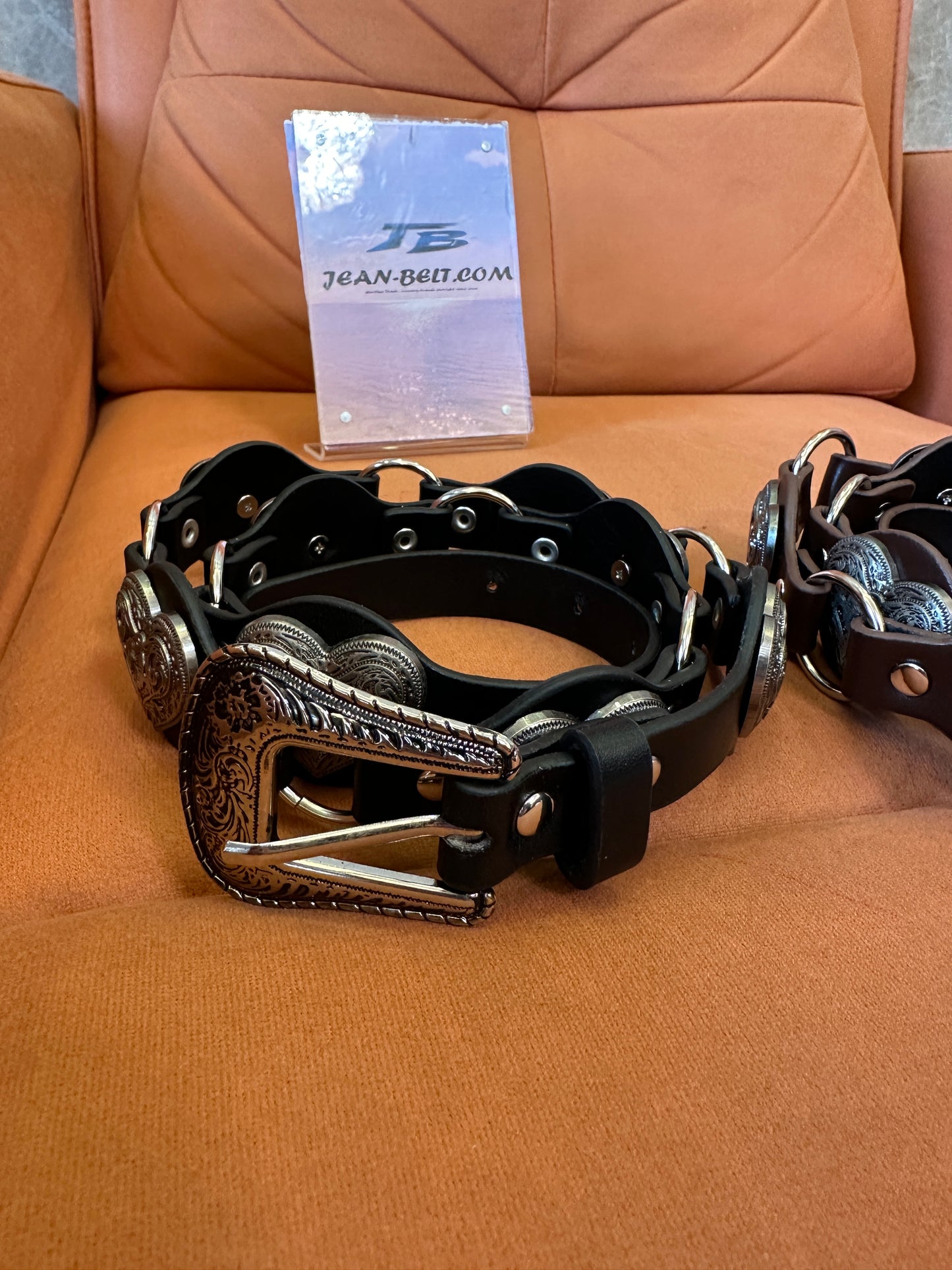 Vintage Heart Link Leather Belt with Metal Rings and Stud Detail