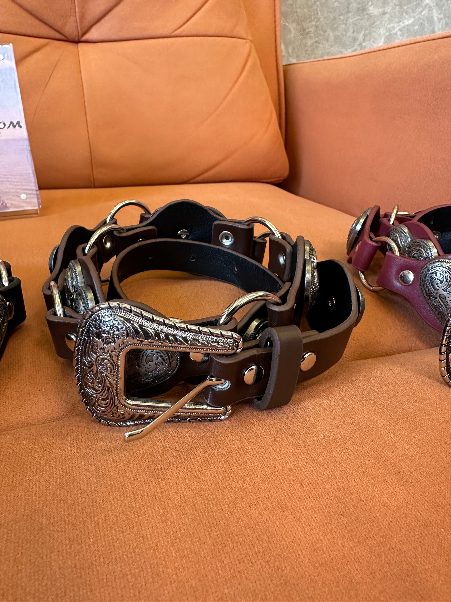 Vintage Heart Link Leather Belt with Metal Rings and Stud Detail