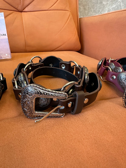 Vintage Heart Link Leather Belt with Metal Rings and Stud Detail