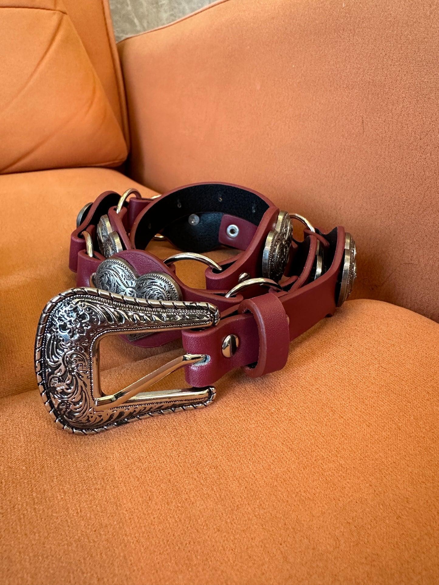 Vintage Heart Link Leather Belt with Metal Rings and Stud Detail
