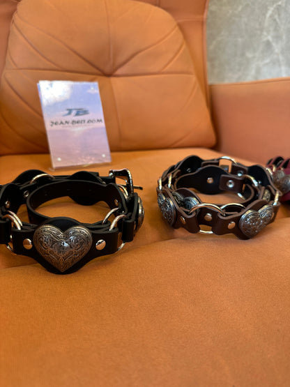 Vintage Heart Link Leather Belt with Metal Rings and Stud Detail