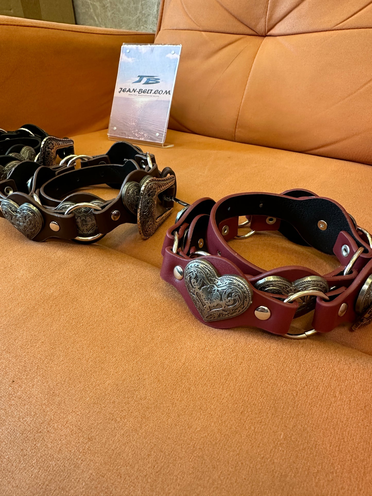 Vintage Heart Link Leather Belt with Metal Rings and Stud Detail