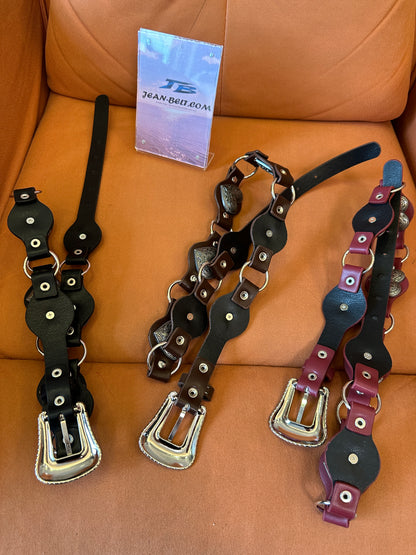 Vintage Heart Link Leather Belt with Metal Rings and Stud Detail