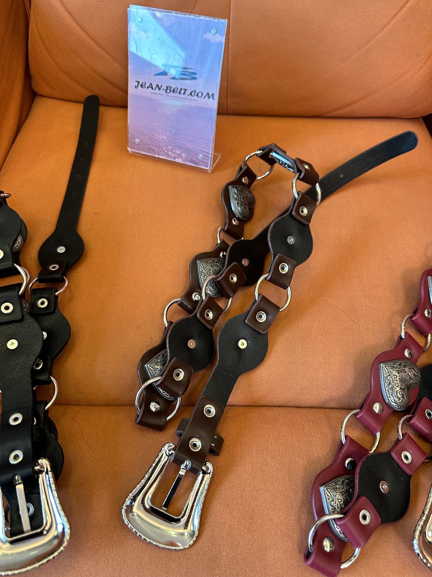 Vintage Heart Link Leather Belt with Metal Rings and Stud Detail