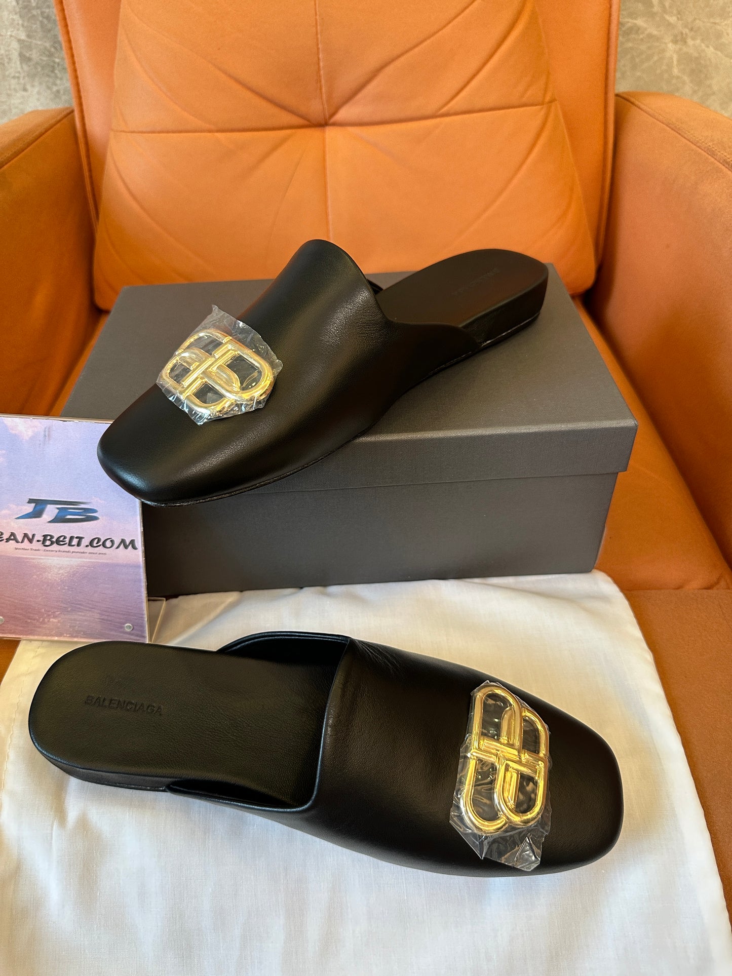Balenciaga Leather Mule Slippers with BB Logo