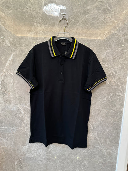 Fendi Roma Men's Black Polo Shirt with Yellow Striped Collar
