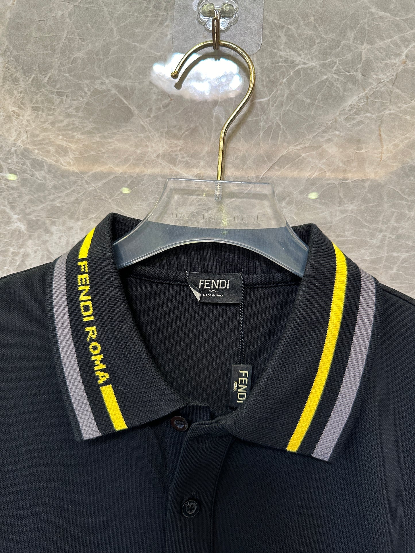 Fendi Roma Men's Black Polo Shirt with Yellow Striped Collar