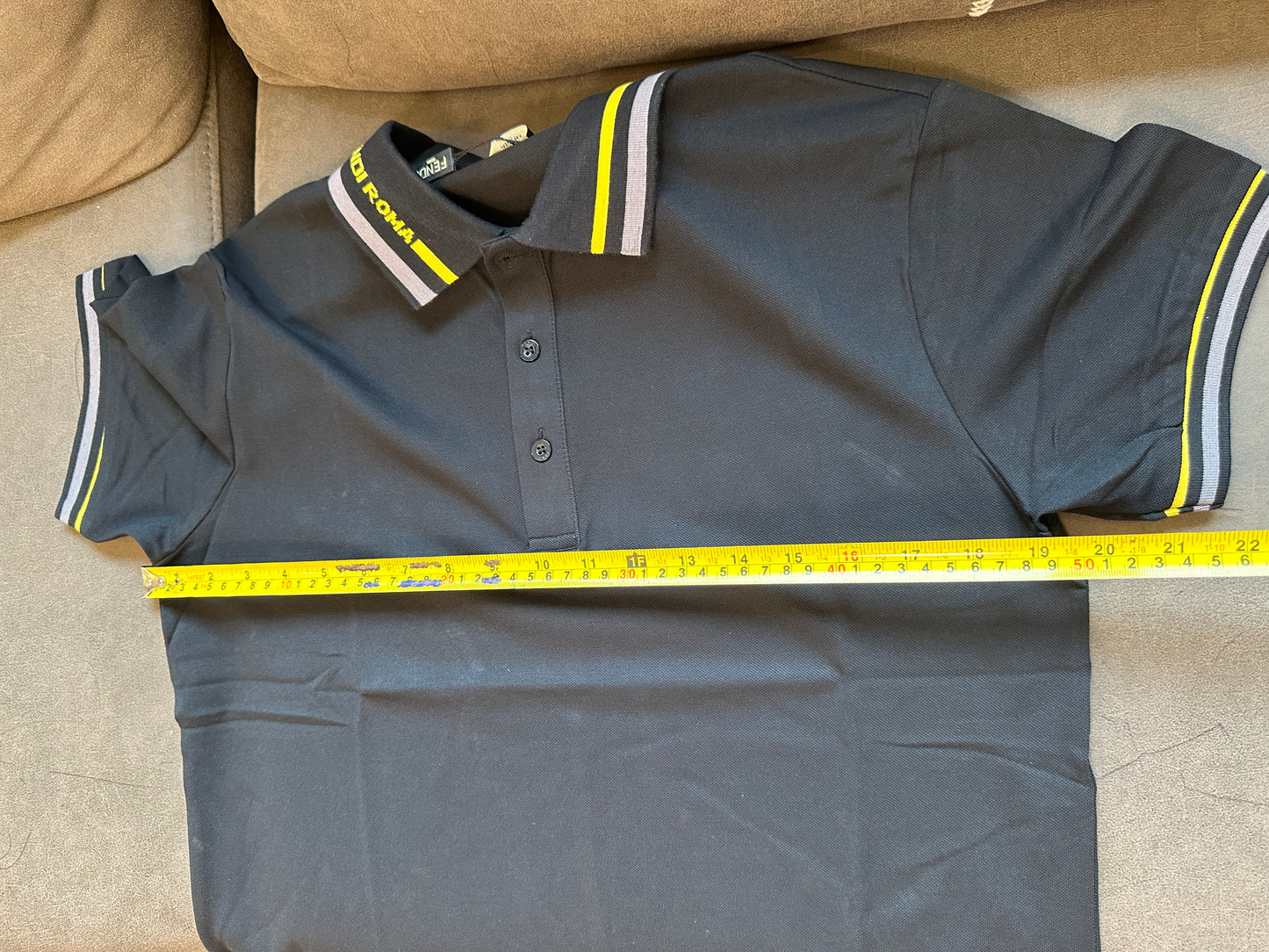 Fendi Roma Men's Black Polo Shirt with Yellow Striped Collar