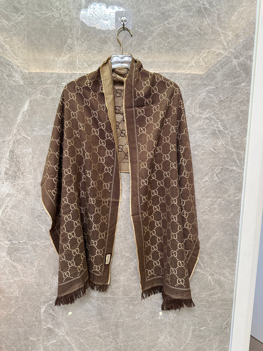 Gucci GG Monogram Wool Scarf Brown Fringed Shawl