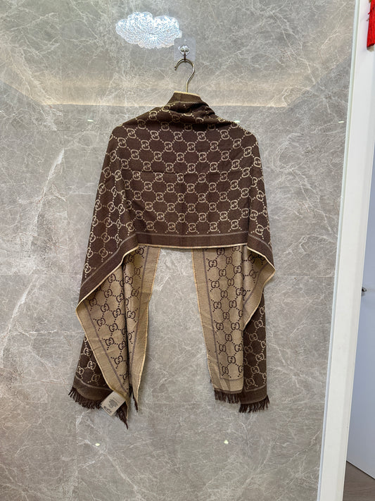 Gucci GG Monogram Wool Scarf Brown Fringed Shawl